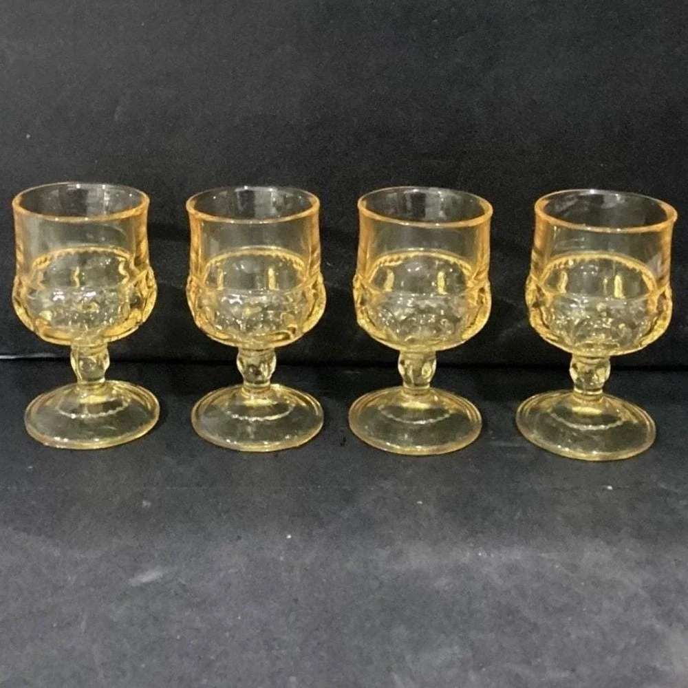 Indiana Glass Kings Crown Thumbprint Goblets, Set of 4, Vintage Yellow Stemware